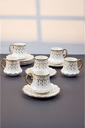 Lüks Porselen Türk Kahve Fincan Takımı – 6 Kişilik, 90 ml, Altın Detaylı, 12 Parça