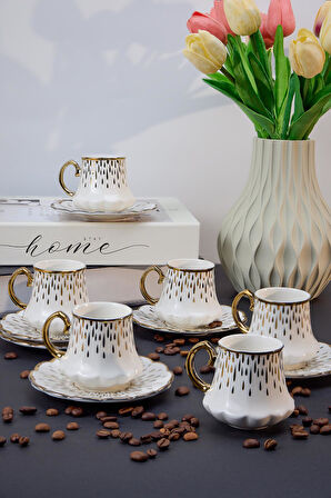 Lüks Porselen Türk Kahve Fincan Takımı – 6 Kişilik, 90 ml, Altın Detaylı, 12 Parça