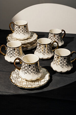 Şık Porselen Kahve Fincanı Takımı – 6 Kişilik, 90 ml, Geometrik Altın Desen