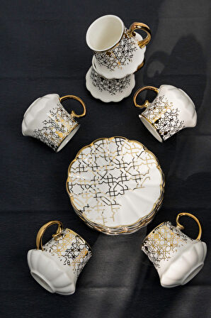 Şık Porselen Kahve Fincanı Takımı – 6 Kişilik, 90 ml, Geometrik Altın Desen