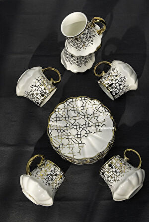 Şık Porselen Kahve Fincanı Takımı – 6 Kişilik, 90 ml, Geometrik Altın Desen