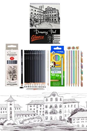 Eskiz Defteri A5 120 Gr St.petersburg Dereceli Kalem 6 Renk Jumbo Metalik Kuru Boya Eskiz Çizim Seti