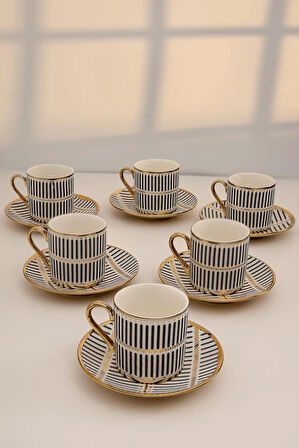 6 Kişilik Siyah Beyaz Çizgili Gold Detaylı Porselen Kahve Fincan Takımı – Modern Şık Tasarım | Yaren Style