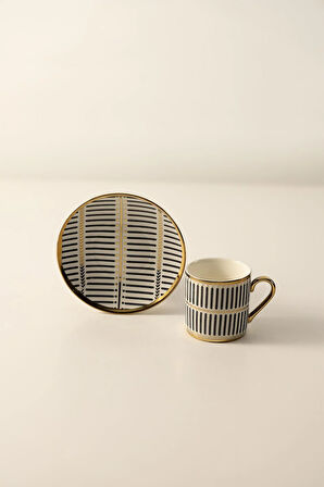 6 Kişilik Siyah Beyaz Çizgili Gold Detaylı Porselen Kahve Fincan Takımı – Modern Şık Tasarım | Yaren Style