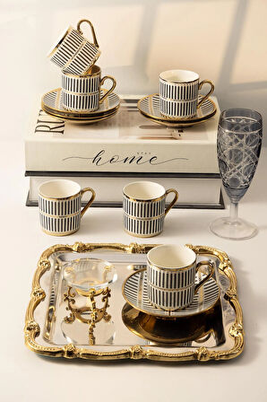 6 Kişilik Siyah Beyaz Çizgili Gold Detaylı Porselen Kahve Fincan Takımı – Modern Şık Tasarım | Yaren Style