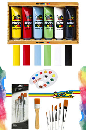 Nova Color Akrilik Boya 6*75 ml Rich Keep Smile 6lı KARMA Fırça Zemin Fırça Godeli Palet Set