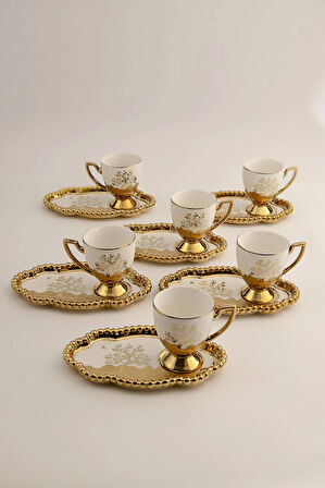 6 Kişilik Lokumluklu Tepsi Tabaklı Altın Ayaklı Lüks Porselen Kahve Fincan Takımı (12 Parça)