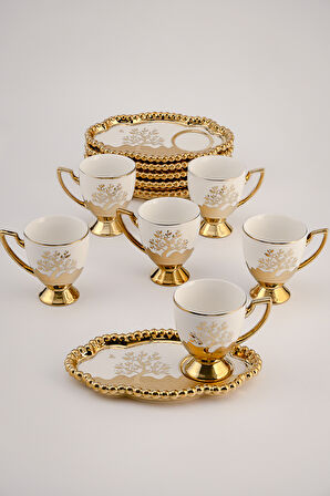 6 Kişilik Lokumluklu Tepsi Tabaklı Altın Ayaklı Lüks Porselen Kahve Fincan Takımı (12 Parça)