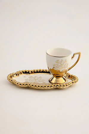 6 Kişilik Lokumluklu Tepsi Tabaklı Altın Ayaklı Lüks Porselen Kahve Fincan Takımı (12 Parça)
