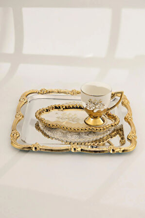 6 Kişilik Lokumluklu Tepsi Tabaklı Altın Ayaklı Lüks Porselen Kahve Fincan Takımı (12 Parça)