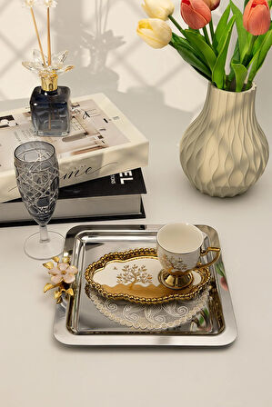 6'lı Lüks Kare Sunum Tepsisi Seti | Altın Renkli Çiçek Kulplu Paslanmaz Çelik 21x21 cm