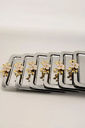 6'lı Lüks Kare Sunum Tepsisi Seti | Altın Renkli Çiçek Kulplu Paslanmaz Çelik 21x21 cm