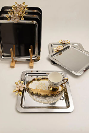 6'lı Lüks Kare Sunum Tepsisi Seti | Altın Renkli Çiçek Kulplu Paslanmaz Çelik 21x21 cm
