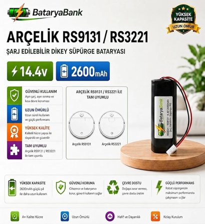 BataryaBank Arçelik RS9131 / RS3221 Uyumlu 14.4V 2600mAh Şarj Edilebilir Dikey Süpürge Bataryası