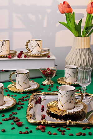 6 Kişilik Modern Mermer Desenli Gold Kahve Fincan Takımı – Şık Sunum Tasarımı