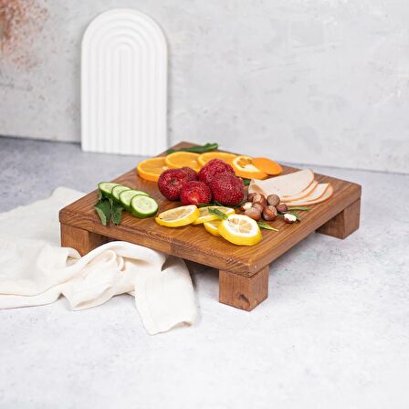 Justwood Tityos Küp Ayaklı 30x30 Cm Ahşap Kare Pasta Sunum Servis Tabağı