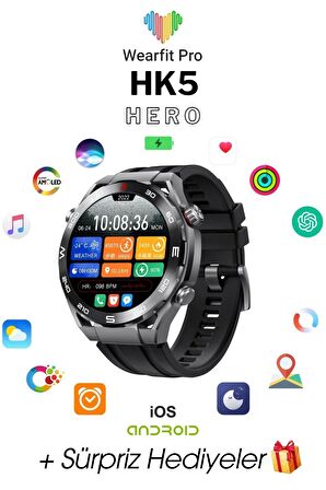 WEARFİT HK5 HERO Akıllı Kol Saati  Yuvarlak Model 1.43inç 37mm AMOLED Ekran (SİYAH)