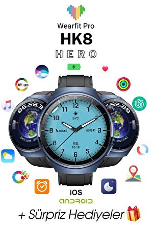 WEARFİT HK8 HERO Akıllı Kol Saati  Yuvarlak Model 1.52inç 37mm AMOLED Ekran (MAVİ)