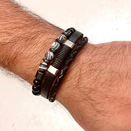 %100 Deri&Hematit Kombinli 3lü Erkek Bileklik Set 22 cm (Türk El Üretimi)