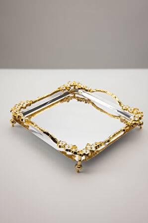 Lüks Kare Çelik Sunum Tepsisi | Gold Renkli Dallı Mineli Çiçekli Ayaklı Paslanmaz Söz Tepsisi 21x21 cm