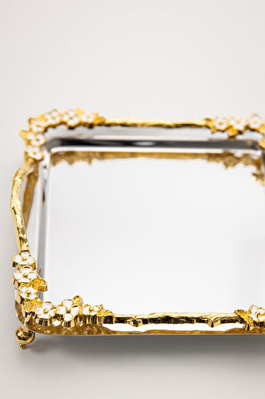 Lüks Kare Çelik Sunum Tepsisi | Gold Renkli Dallı Mineli Çiçekli Ayaklı Paslanmaz Söz Tepsisi 21x21 cm