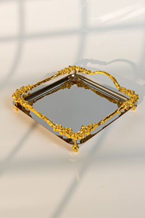 Lüks Gold Gül Detaylı Kare Sunum Tepsisi 21x21 cm – Ayaklı