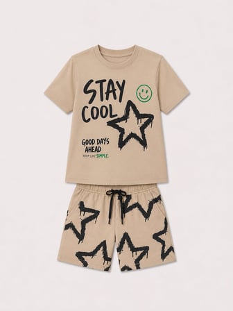 Erkek Çocuk Stay Cool Baskılı Şortlu Takım Bej