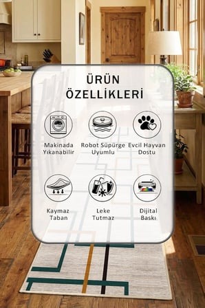 Mood Bej Modern Mutfak Halısı Yıkanabilir Kaymaz Su İtici