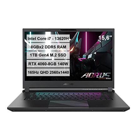 Gigabyte Aorus 15 BKF i7-13620H 16GB DDR5 1TB SSD RTX4060-8GB 140W 15.6'' QHD 165Hz FreeDos