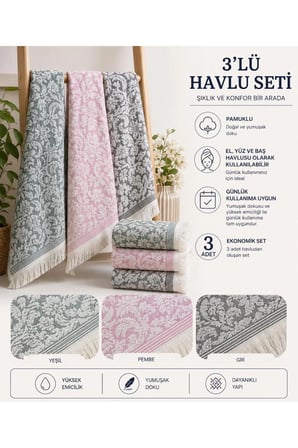 3 adet jakarlı pamuklu el ve yüz havlusu gri bordo mavi