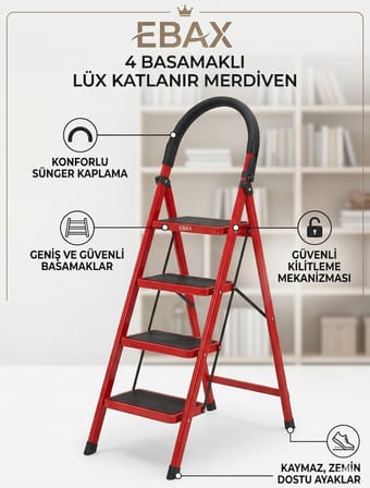 EBAX Lüx 4 Basamaklı Katlanır Ev ve Ofis Merdiveni - Sağlam Metal Gövde, Geniş Kaymaz Mat Basamaklı Taşınabilir Portatif Merdiven (Kırmızı-Siyah)