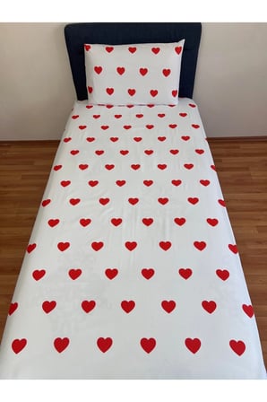 Fitted Lastikli Çarşaf Takımı (YASTIKLI) Tek Kişilik Çift Kişilk Kalpli Kırmızı