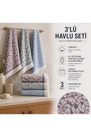 3 adet jakarlı pamuklu el ve yüz havlusu gri bordo mavi