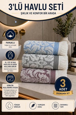 3 adet jakarlı pamuklu el ve yüz havlusu gri bordo mavi