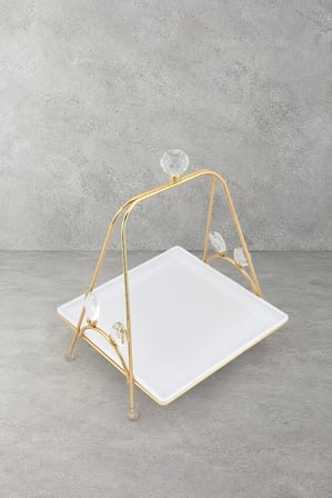 Yaren Style Linea Cristallo Kristal Taşlı Sunumluk 20x20 cm (Tek Katlı) - Gold