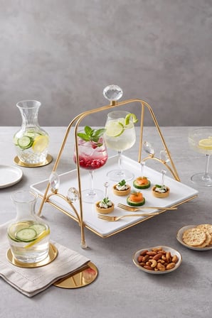 Yaren Style Linea Cristallo Kristal Taşlı Sunumluk 20x20 cm (Tek Katlı) - Gold