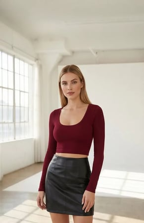 Kadın Bordo Uzun Kol Kare Yaka Crop Top Bluz