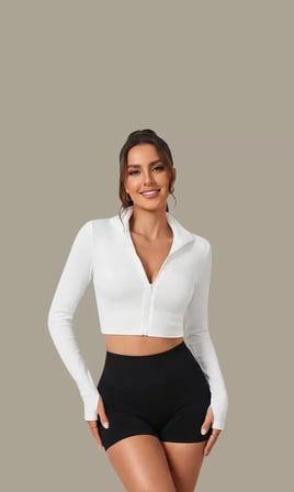 Kadın Beyaz Uzun Kol Fermuarlı Parmak Geçme Detaylı Dik Yaka Crop Top Bluz