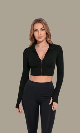 Kadın Siyah Uzun Kol Fermuarlı Parmak Geçme Detaylı Dik Yaka Crop Top Bluz