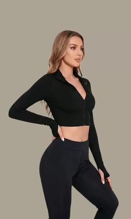 Kadın Siyah Uzun Kol Fermuarlı Parmak Geçme Detaylı Dik Yaka Crop Top Bluz