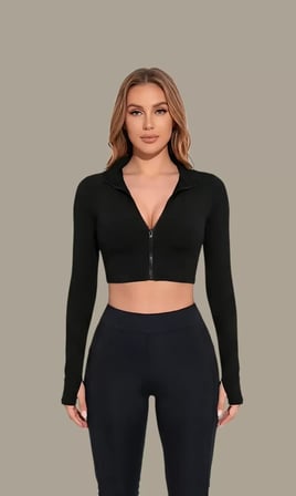 Kadın Siyah Uzun Kol Fermuarlı Parmak Geçme Detaylı Dik Yaka Crop Top Bluz