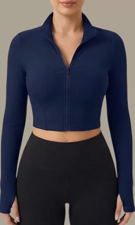 Kadın Lacivert Uzun Kol Fermuarlı Parmak Geçme Detaylı Dik Yaka Crop Top Bluz – Şık, Rahat ve Kolay Kombinlenebilir