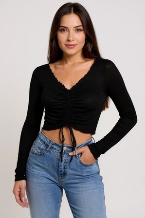 Kadın Siyah Uzun Kollu Büzdürme Bağcık Detaylı Crop Top Bluz – Şık, Rahat ve Kolay Kombinlenebilir