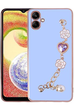 Galaxy A04 Kılıf Kalpli Çiçekli Bileklik Zincirli Kamera Korumalı Kenarları Gold Renk, Silikon