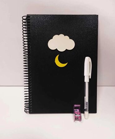 Tasarım Siyah Defter Çizim Foto Albüm Ve Anı Defteri Bulut Ve Ay Gece Konseptli Siyah Yapraklı Ahşap Kapak Defter 70 Sayf