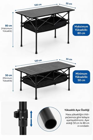 Katlanabilir Alüminyum Kamp Masası 120x55 cm Yükseklik Ayarlı Piknik ve Sahil Masası