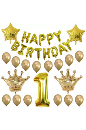 Happy Birtday 1 Yas Kral Tacı Folyo Ve Latex Balon Set