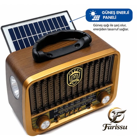 Gold Silver GS-1325 Nostaljik Radyo Güneş Enerjili Bluetooth Hoparlör USB/TF Kart Girişli Güçlü Fenerli Şarjlı
