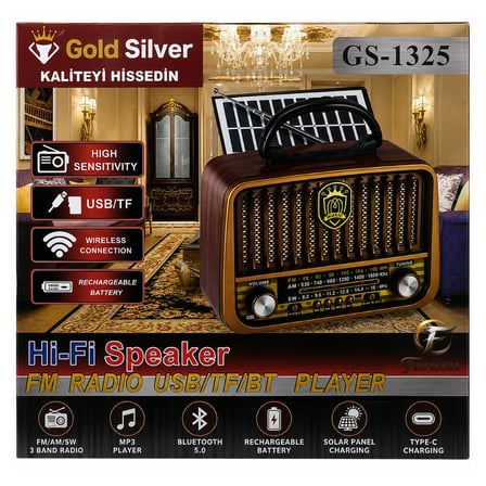 Gold Silver GS-1325 Nostaljik Radyo Güneş Enerjili Bluetooth Hoparlör USB/TF Kart Girişli Güçlü Fenerli Şarjlı