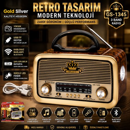 Gold Silver GS-1345 Nostaljik Görünümlü Retro Radyo & Bluetooth Hoparlör (Güneş Panelli & El Fenerli)